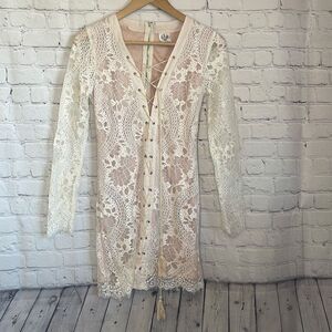 Angel Biba Women’s Beige Lace Long Sleeve Tie Front Dress size 8